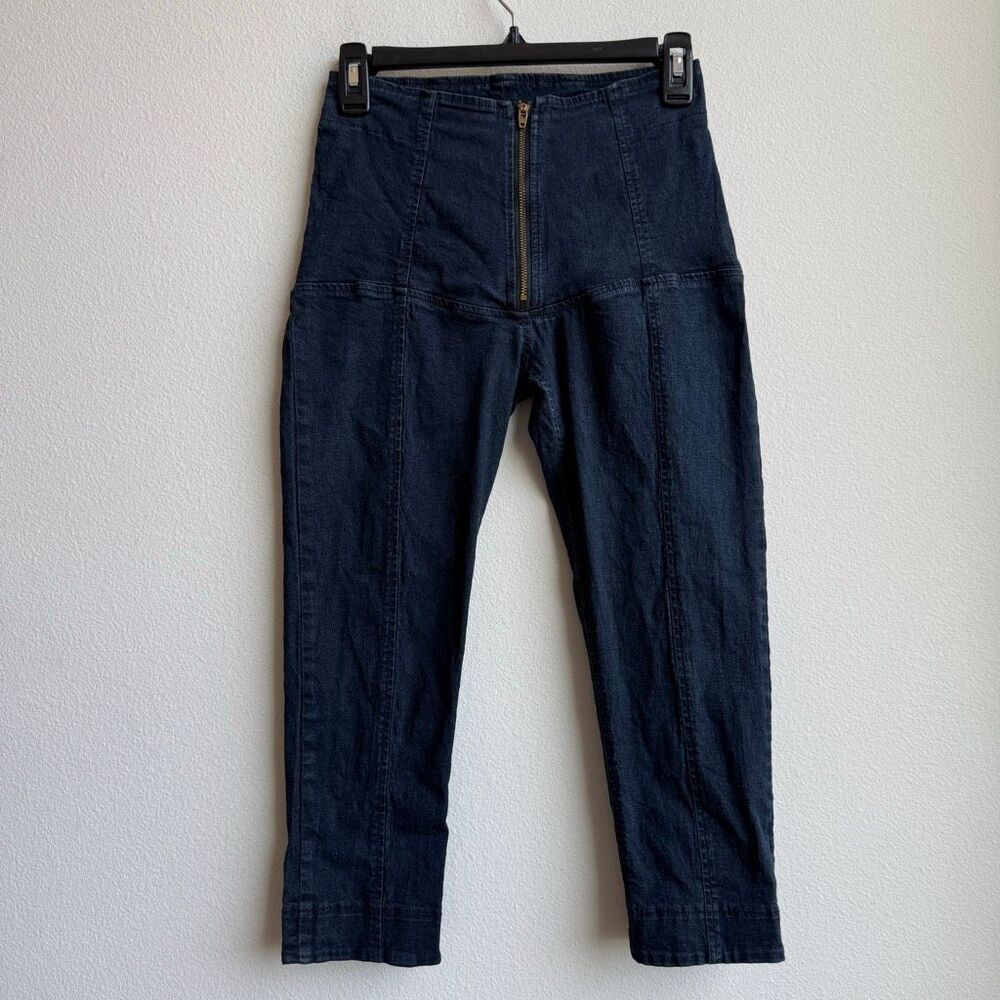 Prairie Underground Lagenlook Denim Blue Knee Length Zipper Front Capri Size XS